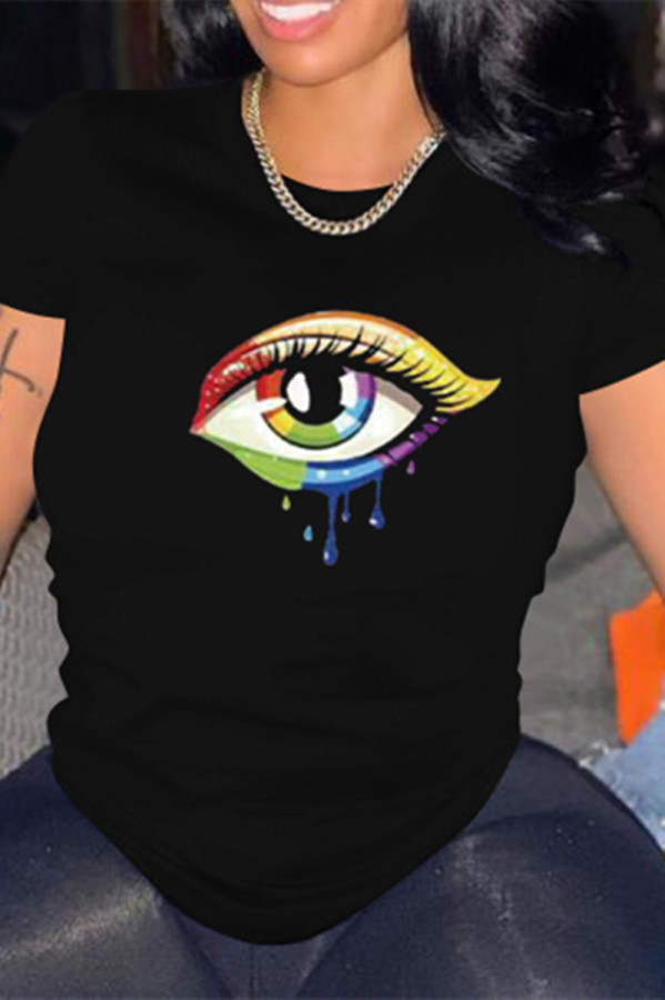 Black Fashion Casual Eyes Printed Basic O Neck T-Shirts