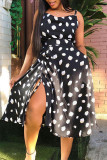 Yellow Sweet Print Polka Dot Patchwork Draw String Slit Spaghetti Strap Princess Dresses