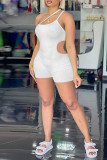 Black Fashion Sexy Solid Hollowed Out Backless One Shoulder Skinny Romper