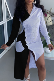 Red Casual Color Block Patchwork V Neck Irregular Dress Dresses