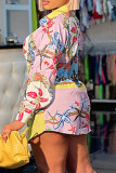 Powder Blue Fashion Casual Print Basic Turndown Collar Shirt Dress Dresses