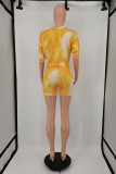 Yellow Fashion Casual Tie Dye Printing Oblique Collar Short Sleeve Two Pieces