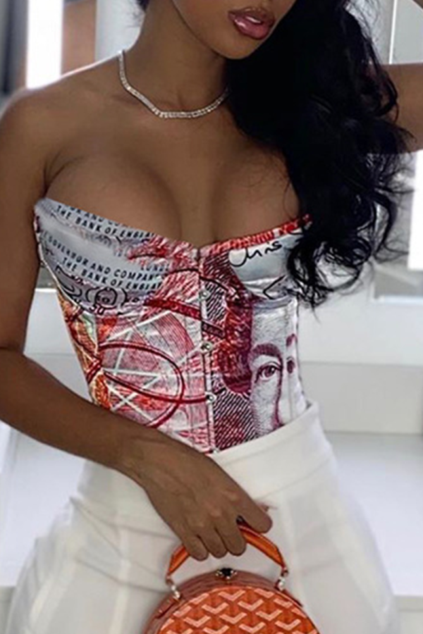 Red Sexy Print Patchwork Buckle Strapless Tops