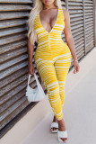 Yellow Fashion Casual Striped Print Basic V Neck Skinny Jumpsuits