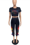 Black Fashion Casual Print Basic O Neck Short Sleeve Two Pieces