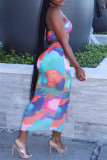 Blue Red Fashion Sexy Print Backless Strapless Sleeveless Two Pieces