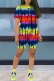 Red Casual Print Patchwork O Neck Short Sleeve Two Pieces