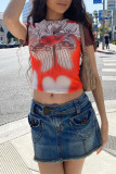 Red Fashion Casual Print Basic O Neck T-Shirts
