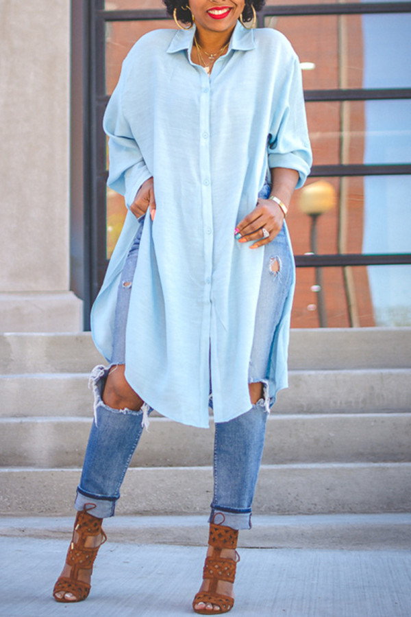 Light Blue Fashion Casual Solid Slit Turndown Collar Tops