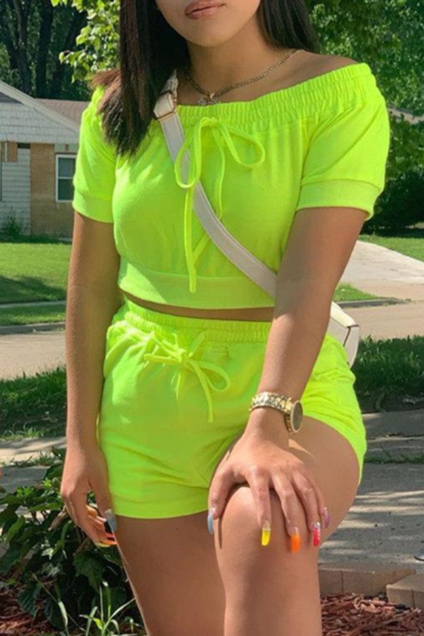 Fluorescent Green Fashion Casual Solid Backless Off the Shoulder Short Sleeve Two Pieces
