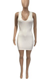 White Sexy Solid Split Joint V Neck A Line Dresses