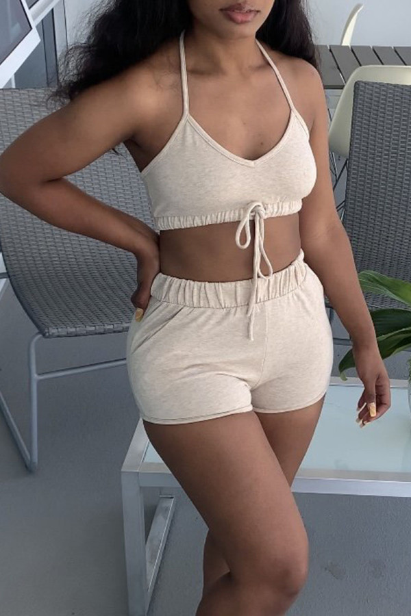 Apricot Casual Solid Patchwork Frenulum Halter Sleeveless Two Pieces