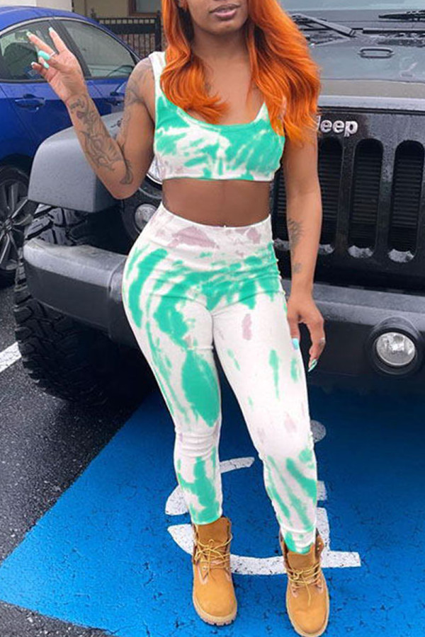 Green Fashion Casual Print Tie Dye Vests Pants U Neck Sleeveless Two Pieces