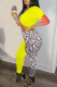 Yellow Fashion Casual Print Patchwork V Neck Short Sleeve Two Pieces