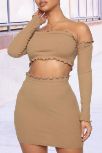 Camel Sexy Solid Split Joint Off the Shoulder Long Sleeve Two Pieces