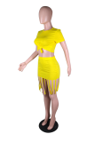 Yellow Casual Solid Tassel O Neck Short Sleeve Two Pieces