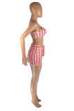 Red Fashion Sexy Plaid Print Backless Spaghetti Strap Sleeveless Two Pieces