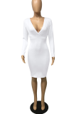 Color Blue Sexy Solid Patchwork V Neck Pencil Skirt Dresses
