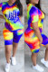 Blue Casual Letter Tie Dye Printing O Neck Short Sleeve Two Pieces