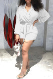 White Fashion Casual Solid Basic V Neck Long Sleeve Regular Romper