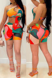 Colour Fashion Sexy Print Hollowed Out Backless One Shoulder Regular Romper