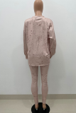Khaki Casual Patchwork Tie-dye O Neck Long Sleeve Two Pieces