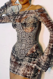 Black Sexy Print Patchwork Off the Shoulder Pencil Skirt Dresses