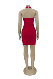 Red Sexy Solid Hollowed Out Half A Turtleneck Pencil Skirt Dresses