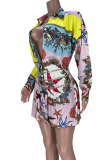 Colour Casual Print Patchwork Turndown Collar Shirt Dress Dresses
