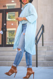 Light Blue Fashion Casual Solid Slit Turndown Collar Tops