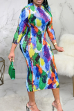 Multicolor Sexy Print Patchwork Half A Turtleneck Pencil Skirt Dresses