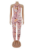 Pink Fashion Sexy Print Backless Halter Skinny Jumpsuits