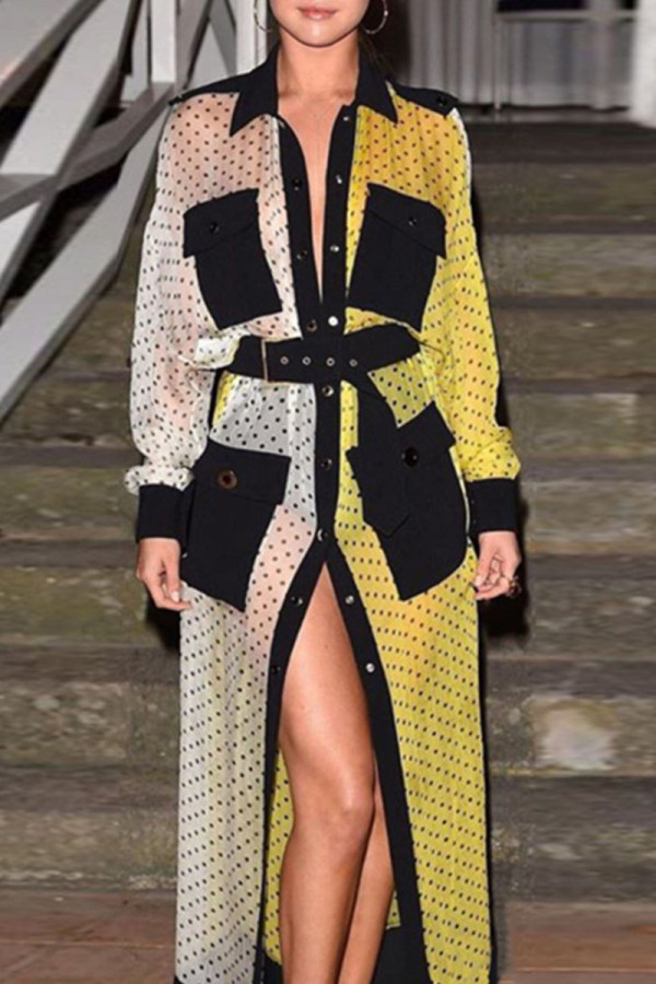 Yellow White Casual Print Polka Dot Patchwork Pocket Turndown Collar Shirt Dress Dresses
