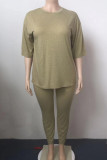 Gray Green Casual Solid Patchwork O Neck Plus Size Two Pieces