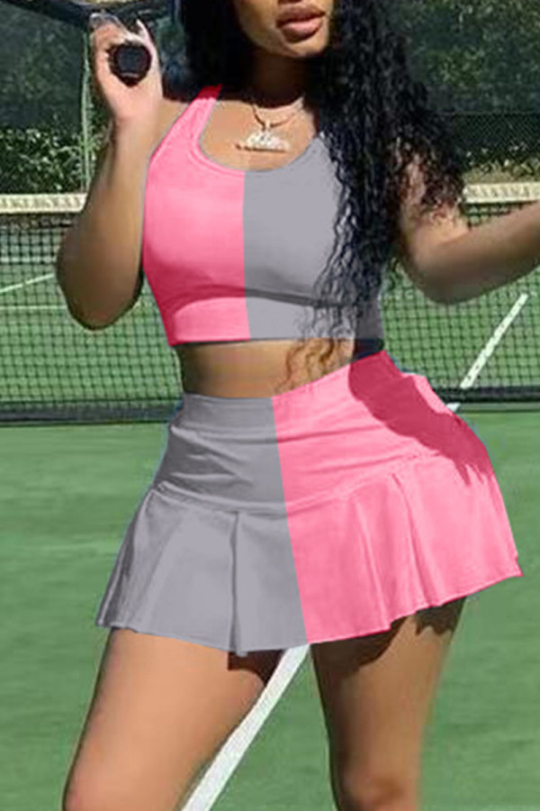 Pink Gray Casual Solid Patchwork U Neck Two Pieces