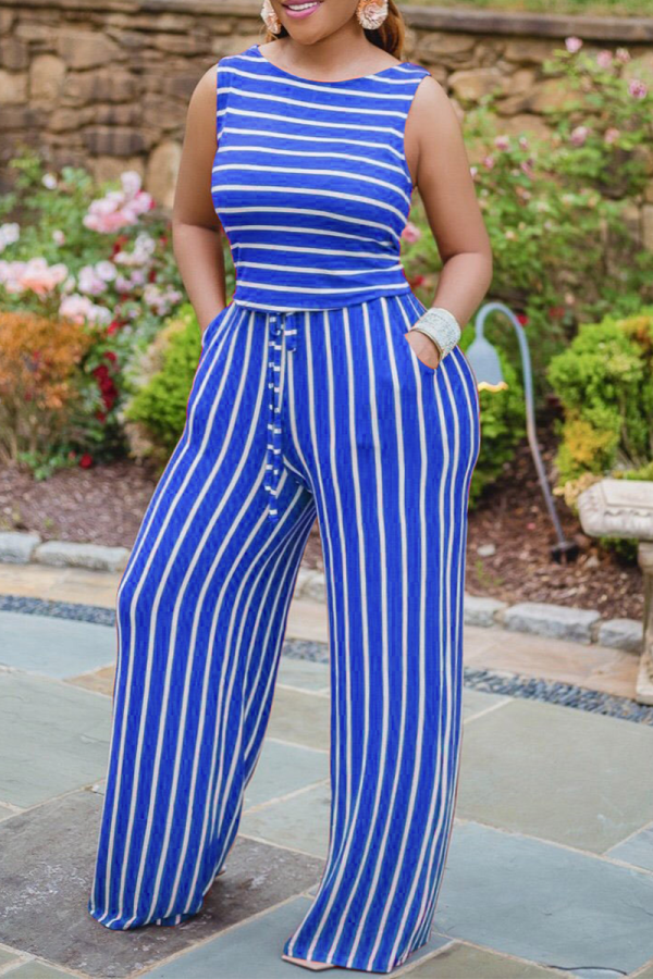 Blue Casual Striped Patchwork O Neck Sleeveless Two Pieces