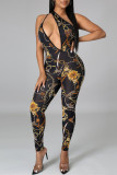 Black Fashion Sexy Print Hollowed Out Backless One Shoulder Skinny Jumpsuits