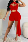 Red Fashion Sexy Solid Hollowed Out Backless Skinny Romper