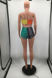 Pink Fashion Sexy Patchwork Print Backless Strapless Sleeveless Two Pieces