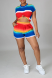 Rainbow Color Casual Striped Patchwork O Neck Short Sleeve Two Pieces