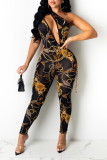 Black Fashion Sexy Print Hollowed Out Backless One Shoulder Skinny Jumpsuits