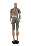 Black Sexy Print Patchwork Zipper Collar Skinny Rompers