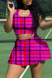Orange Casual Sportswear Plaid Print Vests U Neck Sleeveless Two Pieces