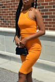 Yellow Sexy Casual Solid Vests O Neck Sleeveless Dress Dresses