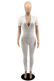 White Fashion Sexy Solid Hollowed Out See-through V Neck Skinny Jumpsuits