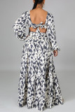Multicolor Fashion Sexy Print Hollowed Out Backless Slit V Neck Long Sleeve Dresses