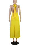Yellow Sexy Solid Bandage Split Joint Halter A Line Dresses