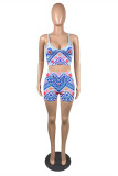 Blue Sexy Casual Print Backless Spaghetti Strap Sleeveless Two Pieces