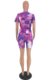 Purple Casual Print Patchwork O Neck Short Sleeve Two Pieces