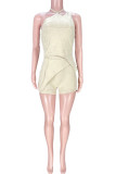 Apricot Sexy Solid Patchwork Frenulum Asymmetrical Asymmetrical Collar Sleeveless Two Pieces
